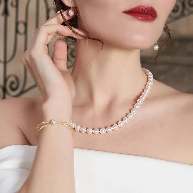 

18"8-9mm Natural Sea Genuine White Round Pearl Necklace Free Shipping Jewelry