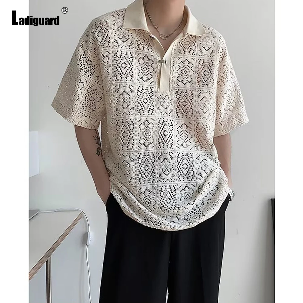 

Ladiguard 2023 Men Casual Hollow Out Blouse Korean Fashion Lace Embroidery Polo Shirt Mens Short Sleeve Camisa Top blusas hommes