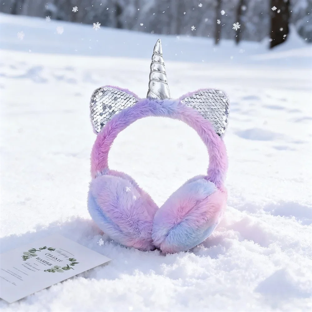 Autumn and Winter Soft Plush Warm Unicorn Earmuffs Tie Dye Sequins Cat Ear Earmuffs Protect Ears From Cold Christmas Gifts