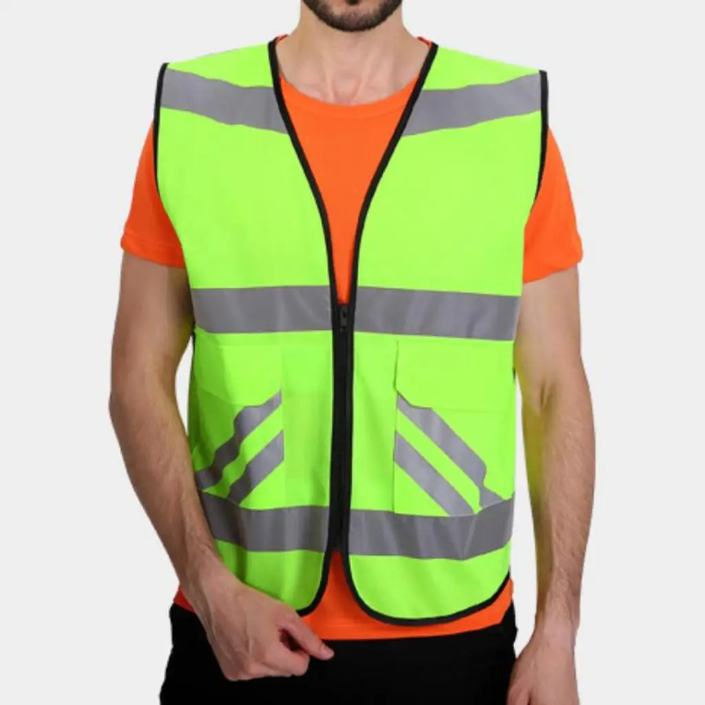 2 Pockets High Visibility Zipper Front Vest With Reflective Strips, Premium Style-A