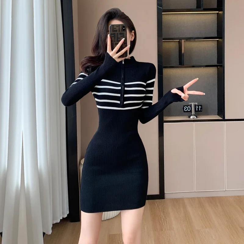 

New Fashion Autumn Winter Knitted Dress Women Gray Striped Sweater Dresses Mini Casual Zipper Stand Collar Skinny Mujer Vestidos