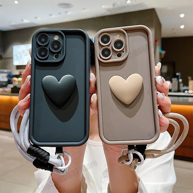 Lanyard Enhanced Love Heart Shockproof Bumper Matte Phone Case