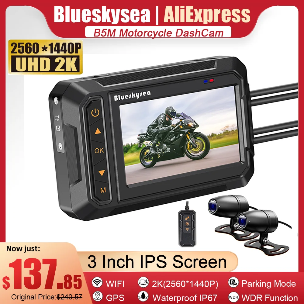 Blueskysea B5M WiFi Motorcycle Dash Cam Recorder Dual UHD 2K DVR Camera