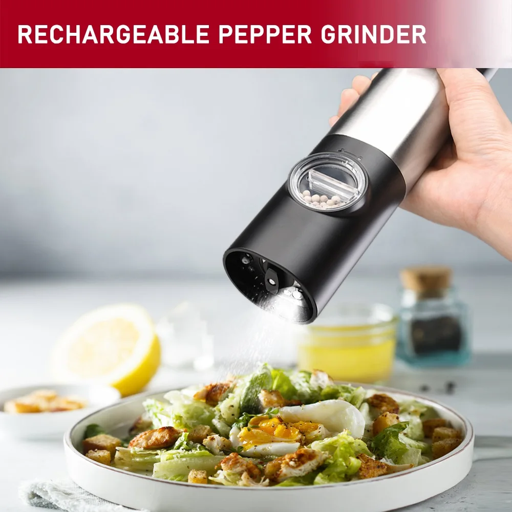 Rechargeable Electric Salt and Pepper Grinder Set - Stainless Steel, with  USB Type-C Cable, LED Lights, Automatic Modern Electric Pepper Mill, 2