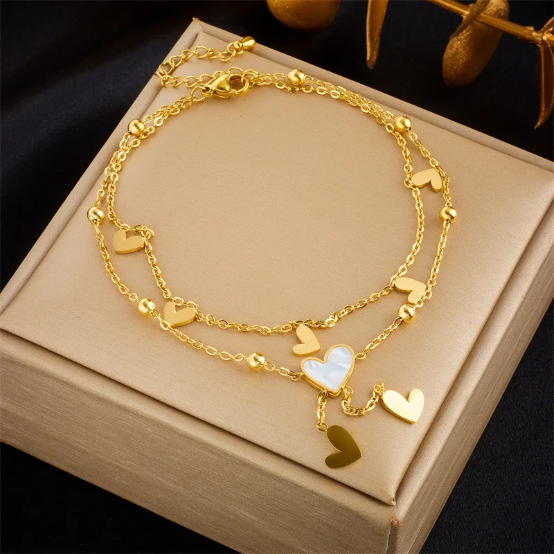 Ankle Chains Fashion Accessories ZAKOL Stainless Steel Heart Love Anklets For Women Girl Double Layer Chains Ankle Jewelry Gift