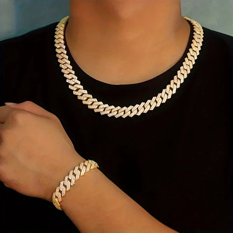 Chain Bracelet Men's Cuban Bracelet Accessory Set Miami Hip Hop Rap Sparkly Zircon Cuban Chain