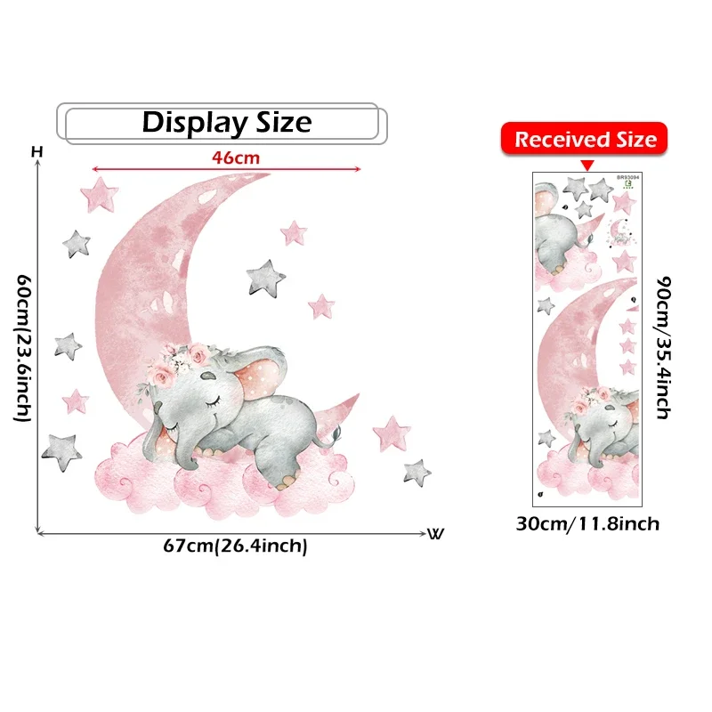 Adesivi Murali Elefante Rosa Dormiente – Sacinora – Luna E Stelle – Decorazione Cameretta Bambini – 67x60 Cm