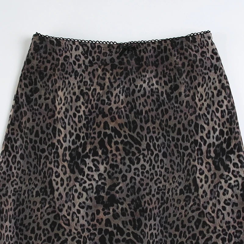 Retro Brown Leopard Y2K Long Skirts Women Lace Trim Hem Two Layers Mesh Vintage Aesthetic Elegant Fashion Women Clothing