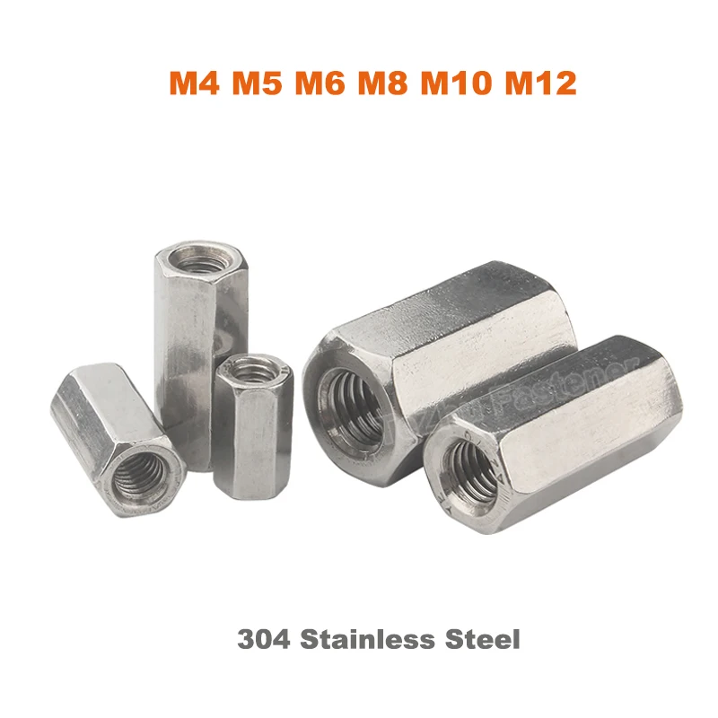 

1/2pcs Hex Coupling Nut M4 M5 M6 M8 M10 M12 A2 304 Stainless Steel Rod Coupling Hex Nut Connection Threaded Bar Stud Long Nuts