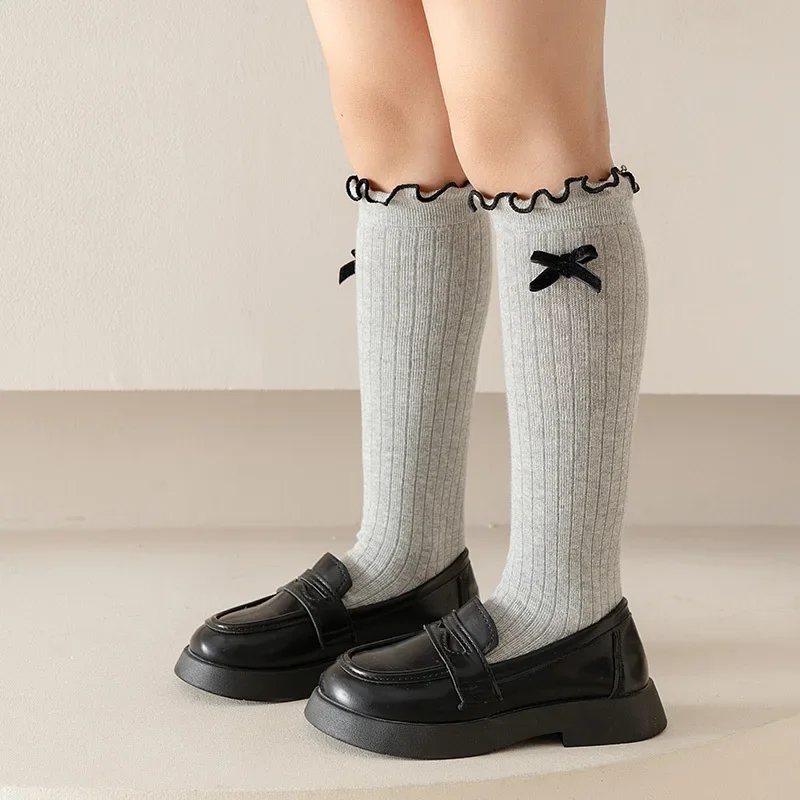 1 Pair Chic Simplicity Kids Girl Sock Sweet Fashion Bow Ruffle Bow Children Girl Calf Sock Spring Autumn Cotton School Sock 4