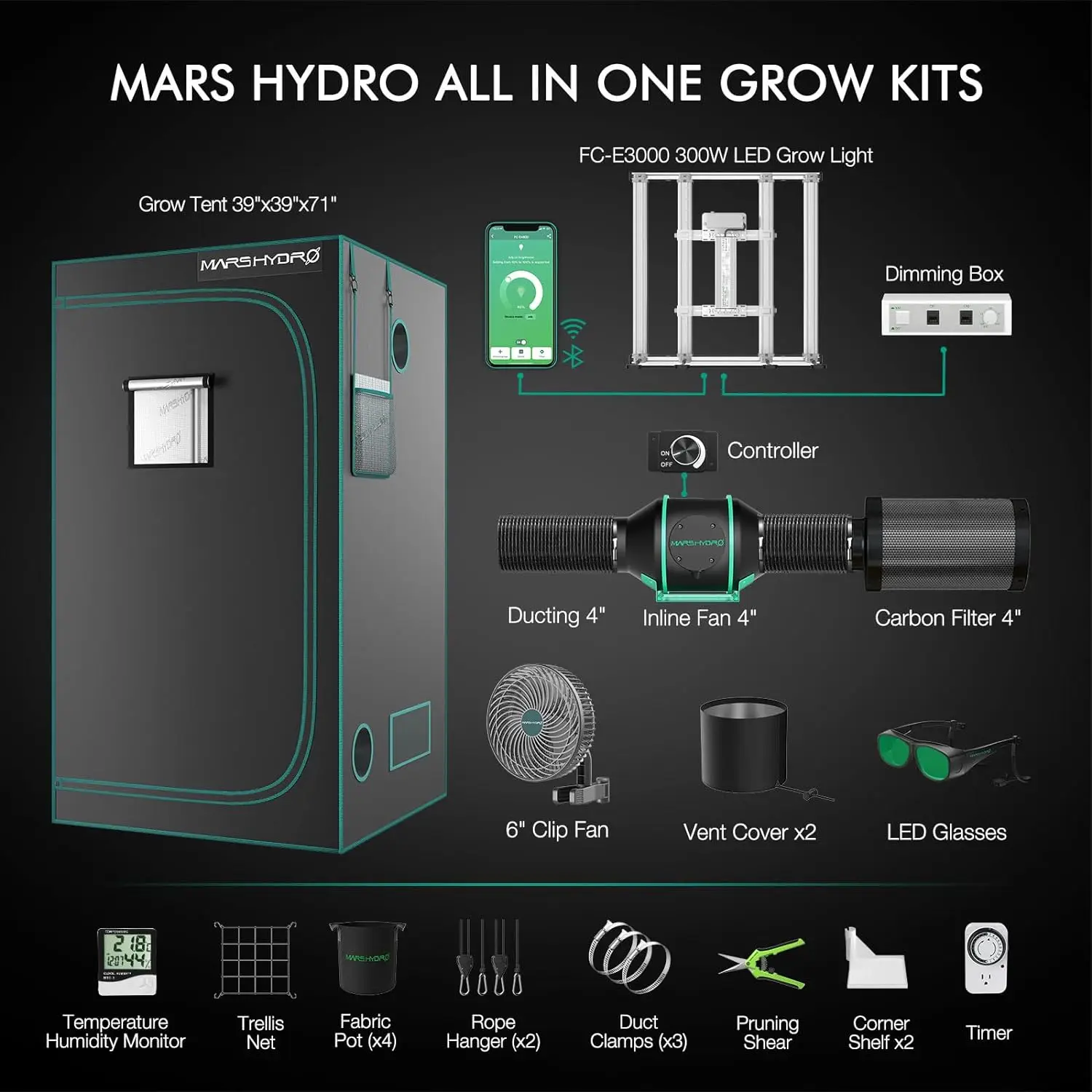 3x3 Smart Grow Tent Kit Complete System FC-E3000 APP Control Led Grow Light 1184Pcs LED 1680D High Reflective Mylar Tent