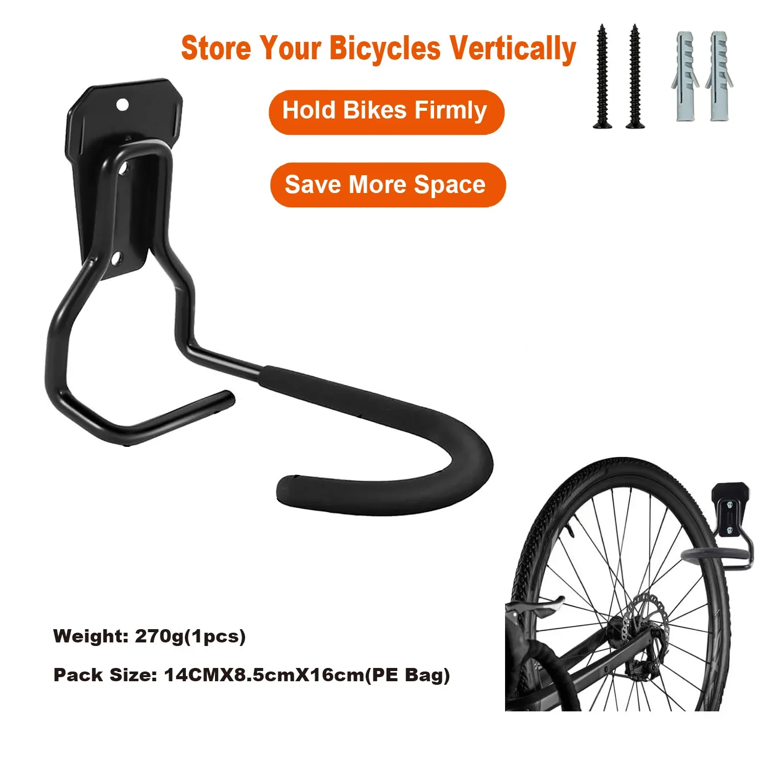 Bike Rack Garage Wall Mount, Wall Mount Bike Rack with Screws, Heavy Duty Steel Vertical Hook for Indoor Storage