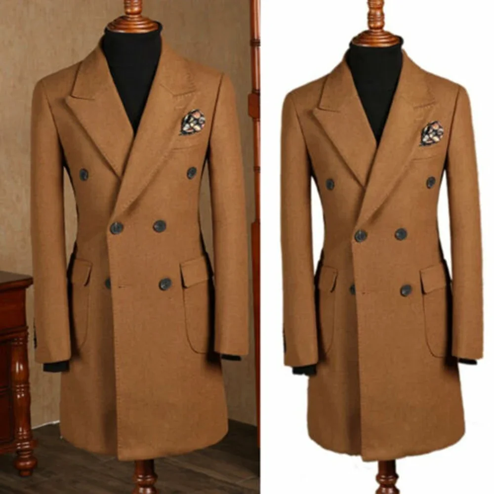 

Only jacket 1 PCS Men Double Breasted Winter Long Trench Groom Outfit Brown Formal Blazer Tailored Made Tweed Wool Blend Tuxedos