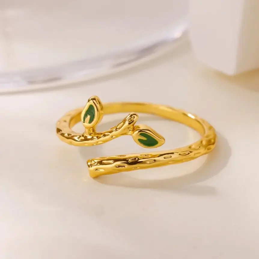 Green Leaf Rings Stainless Steel Ring