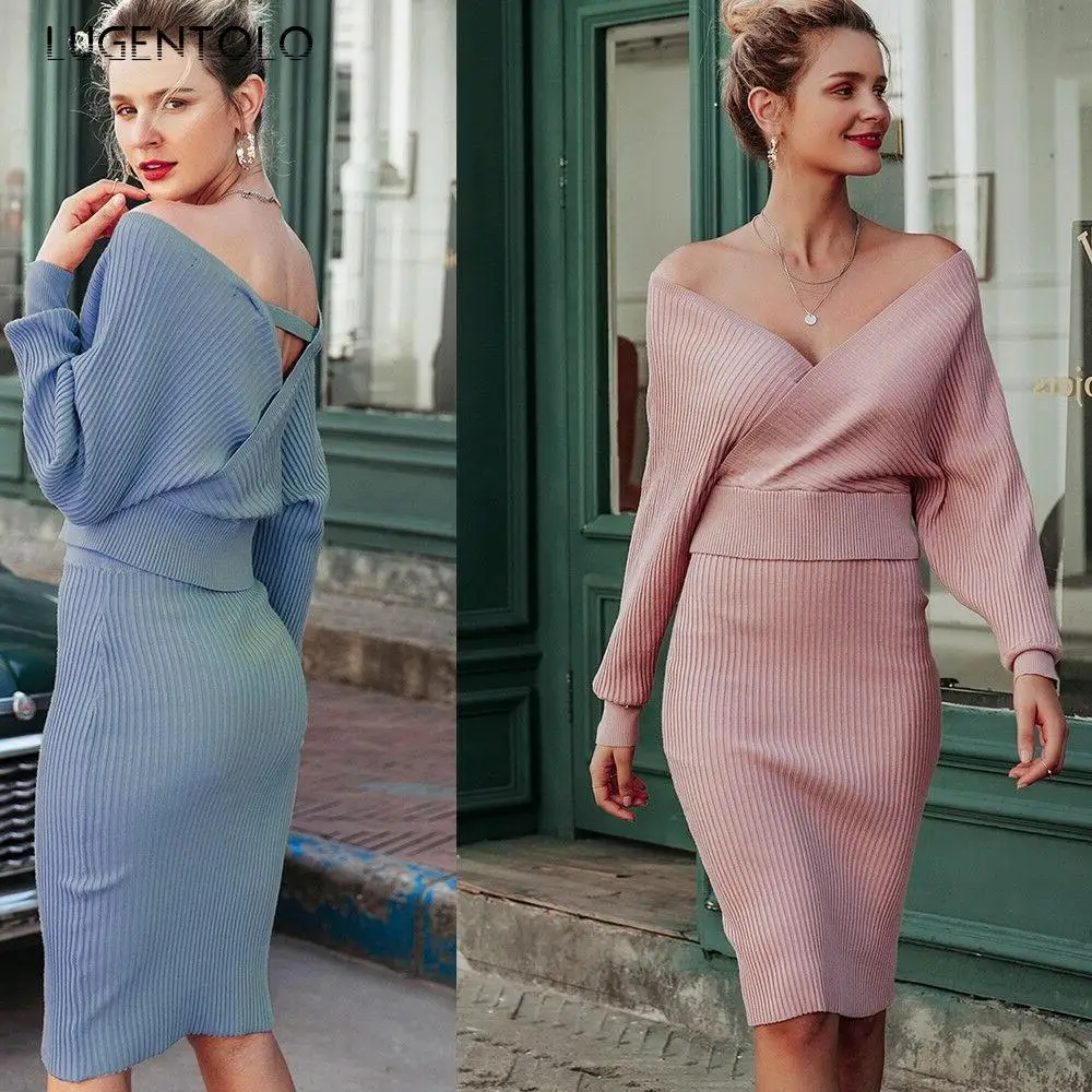 

Women Elegant Knitted Sweater Elastic Waist Skirt V-neck Long Sleeve Top Sexy Lady Pullover Autumn Winter 2-piece Set Lugentolo