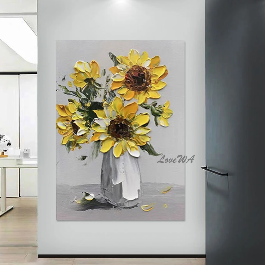 

Thick Acrylic Sunflower Flower Vase Oil Painting Knife Art Home Decoration Canvas Quality Artwork Wall Picture For Bedroom