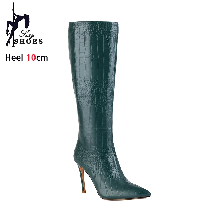 Fashion Embossed Women Knee High Boots Sexy Pointy Toe High Heels 2025 Autumn Winter Female Shoes Botas Mujer Silvery Long Boots
