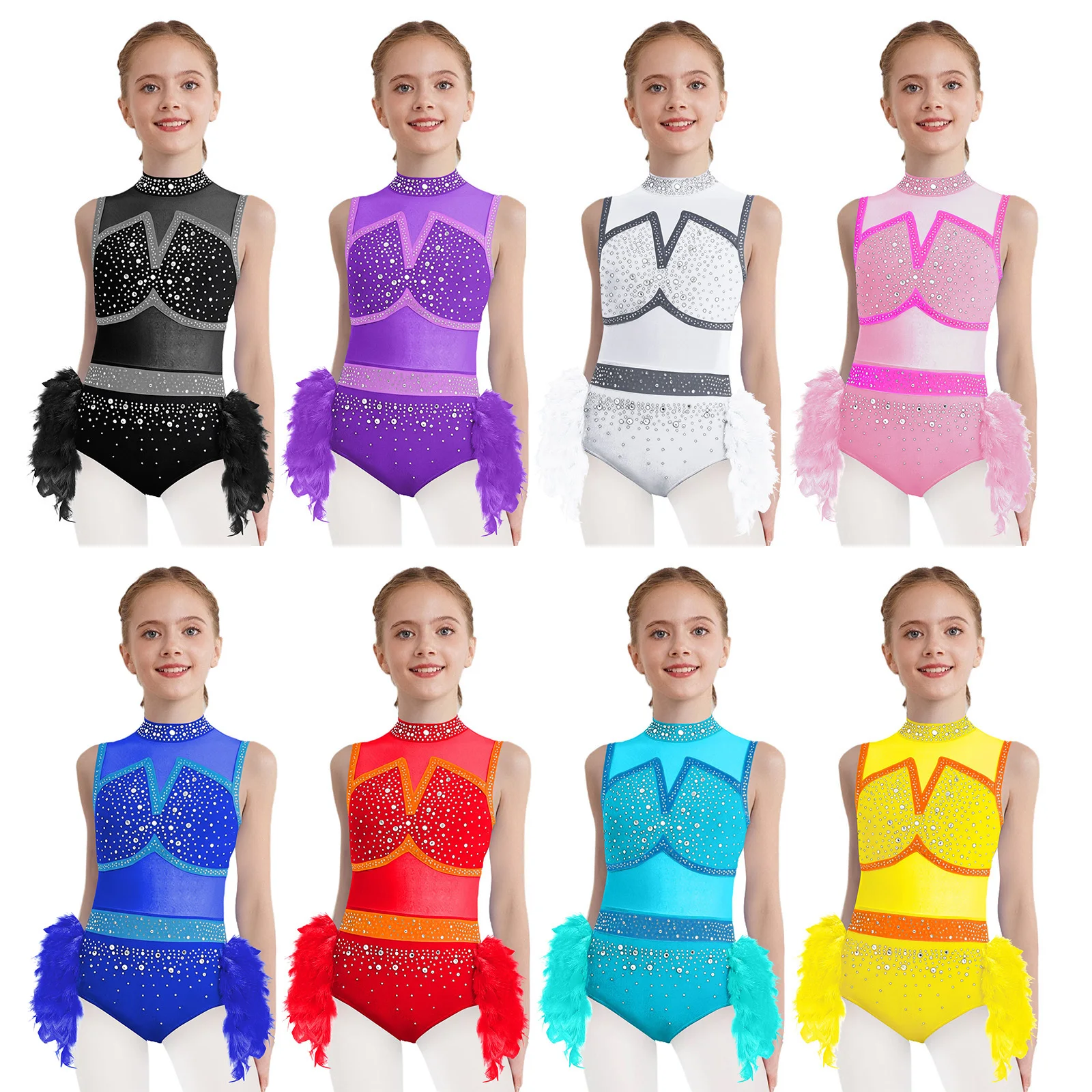 Kinder Mädchen Jazz Latin Tanz Auftritts-Kostüm Ärmellos mit Rückenausschnitt Glänzende Strass-Gymnastikanzüge mit Federrock – Detail 2