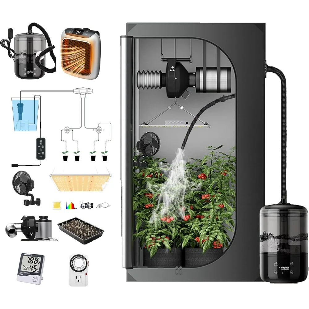 Grow Tent Kit Complete 2x2 with Humidifier+Watering Drip Set,S1000 LED Grow Light Tent Kit with Clip Fan and Heater
