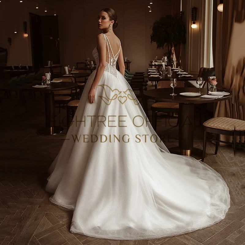 Eightree Elegant A-Line Wedding Dresses Sweetheart Glitter Backless Bridal Dress Boho Beach Wedding Prom Ball Gowns Customized 2