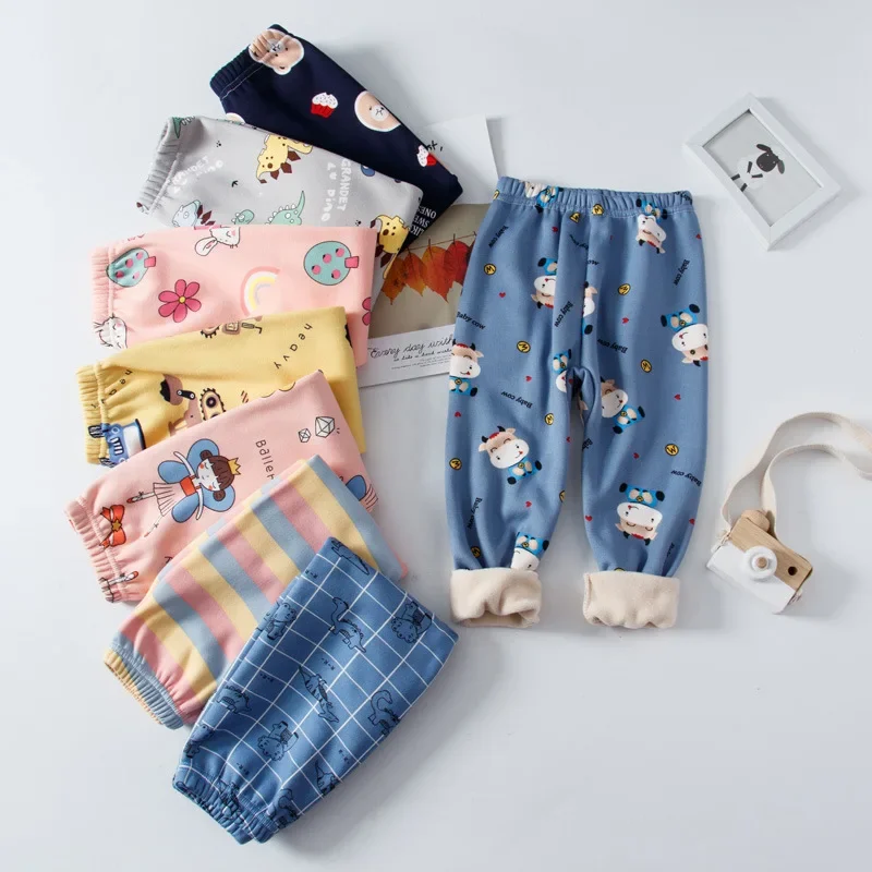 Girls Boys Sleep Pants Kids Fleece Pant Cartoon Print Trousers Fall Winter Home Wear Children's Thicken Clothing Casual