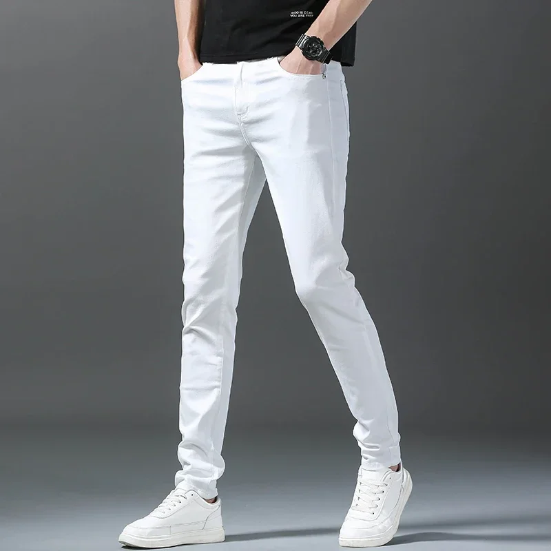 2024 Spring Summer New 98%Cotton Men's Slim Jeans Straight Casual Fashion Pencil Pants High Quality Trousers Male Clothes White 4