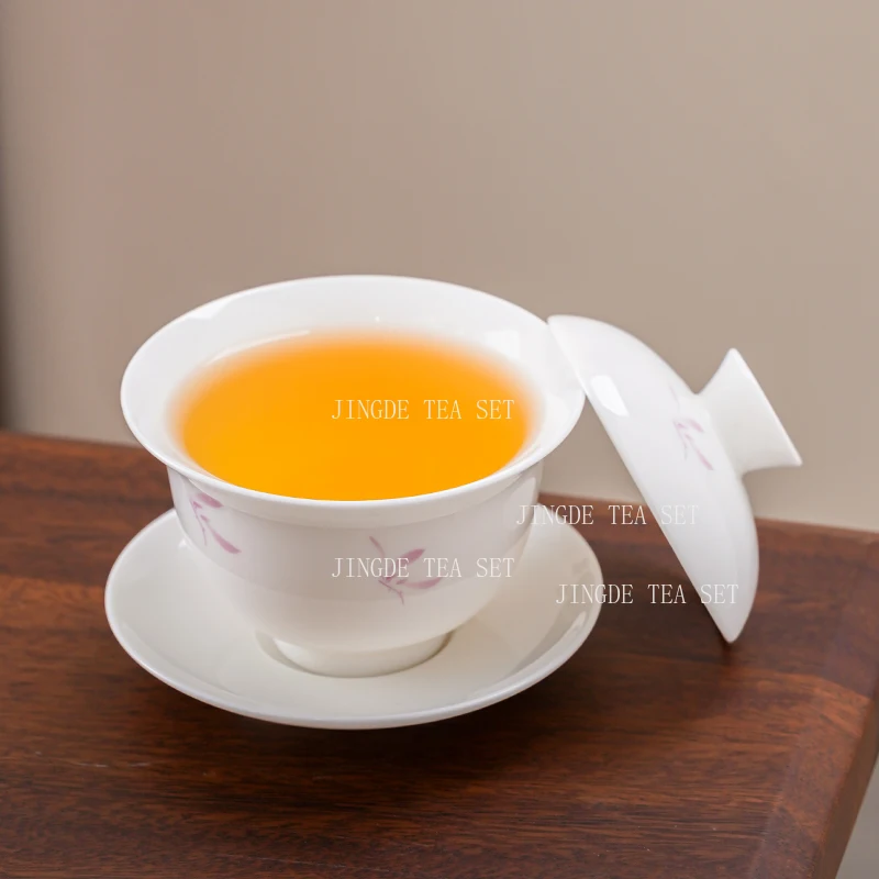 Ceramic Sheep Fat Jade Covered Bowl Dehua White Porcelain with Lid Tea Bowl Large Kung Fu Household Tea Set Gaiwan