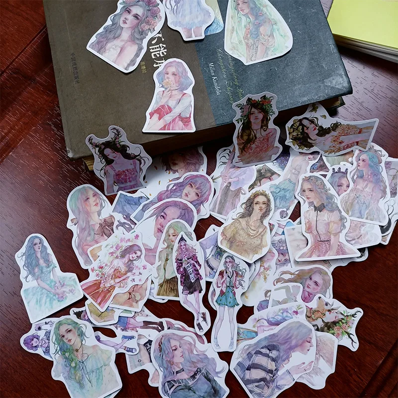 50PCS Vintage Cute Hand Painted Girl Stickers DIY Scrapbooking Collage Phone Diary Album Gift Seal Decoration