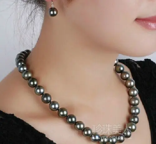 

GENUINE AAA 10-11MM Cultured Tahaitian Black PEARL NECKLACE 14K gold clasp 18" fine jewelry