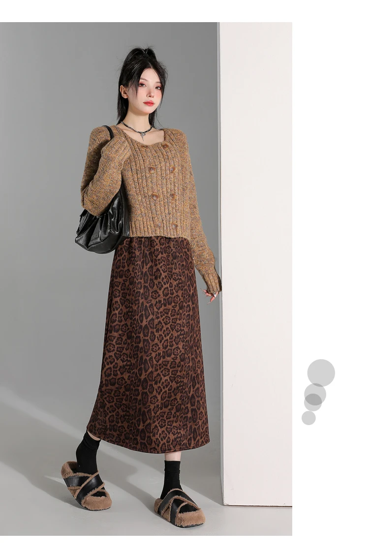 Amerikanische Frauen Leopard Gedruckt Midi Rock Mode Elastische Hohe Taille Chic Split Elegante Büro Damen Lose Beiläufige Weibliche Röcke – Detail 4