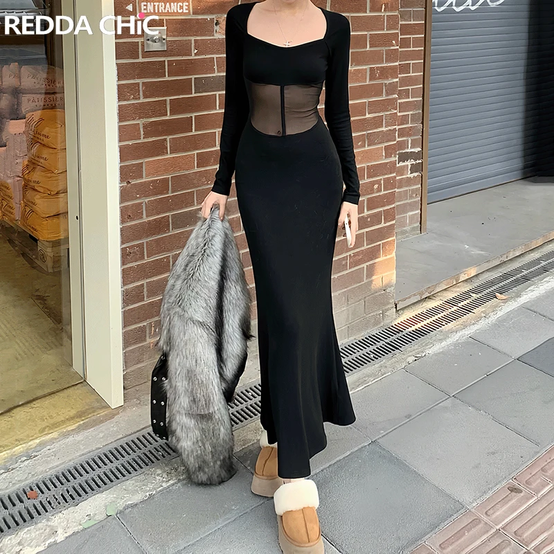 

Женское черное Деловое платье ReddaChic с квадратным вырезом Y2k, винтажное пикантное облегающее прозрачное Сетчатое вязаное цельное платье с длинными рукавами
