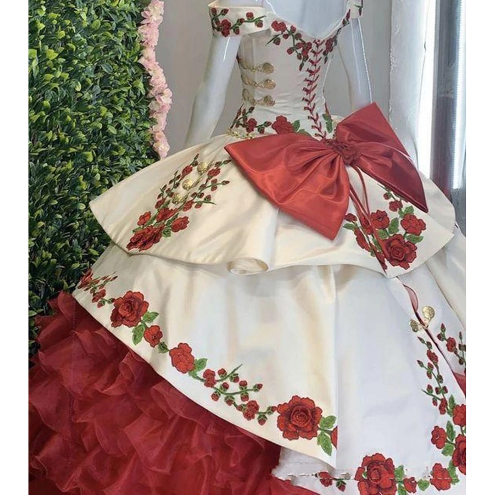 Prom Dress Gorgeous Embroidery Charro Quinceanera Off The Shoulder Bow Tiered Satin Ball Gown Sweet Evening Party party dress,quinceanera dresses