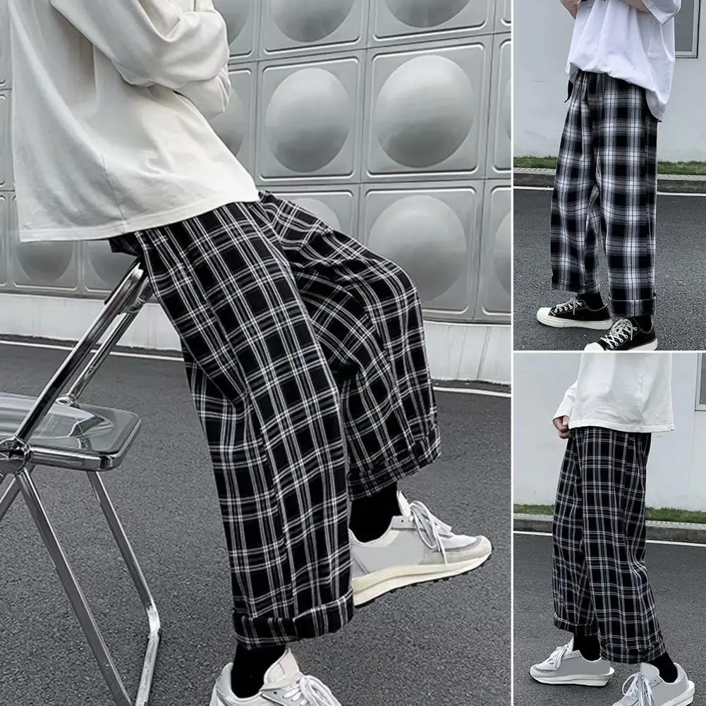 

Autumn Men Pants Plaid Streetwear Wide Leg Elastic Waist Loose Sports Pants Trousers Checkered Wide Leg Pants for Travel