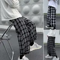 Autumn Men Pants Plaid Streetwear Wide Leg Elastic Waist Loose Sports Pants Trousers Checkered Wide Leg Pants for Travel 1