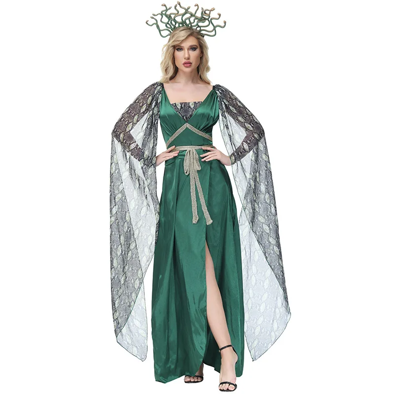 

Ancient Greek Myth Medusa Snake Cosplay Costume for Women Witch Dark Green Serpentine Print Slit Dress Halloween Costumes