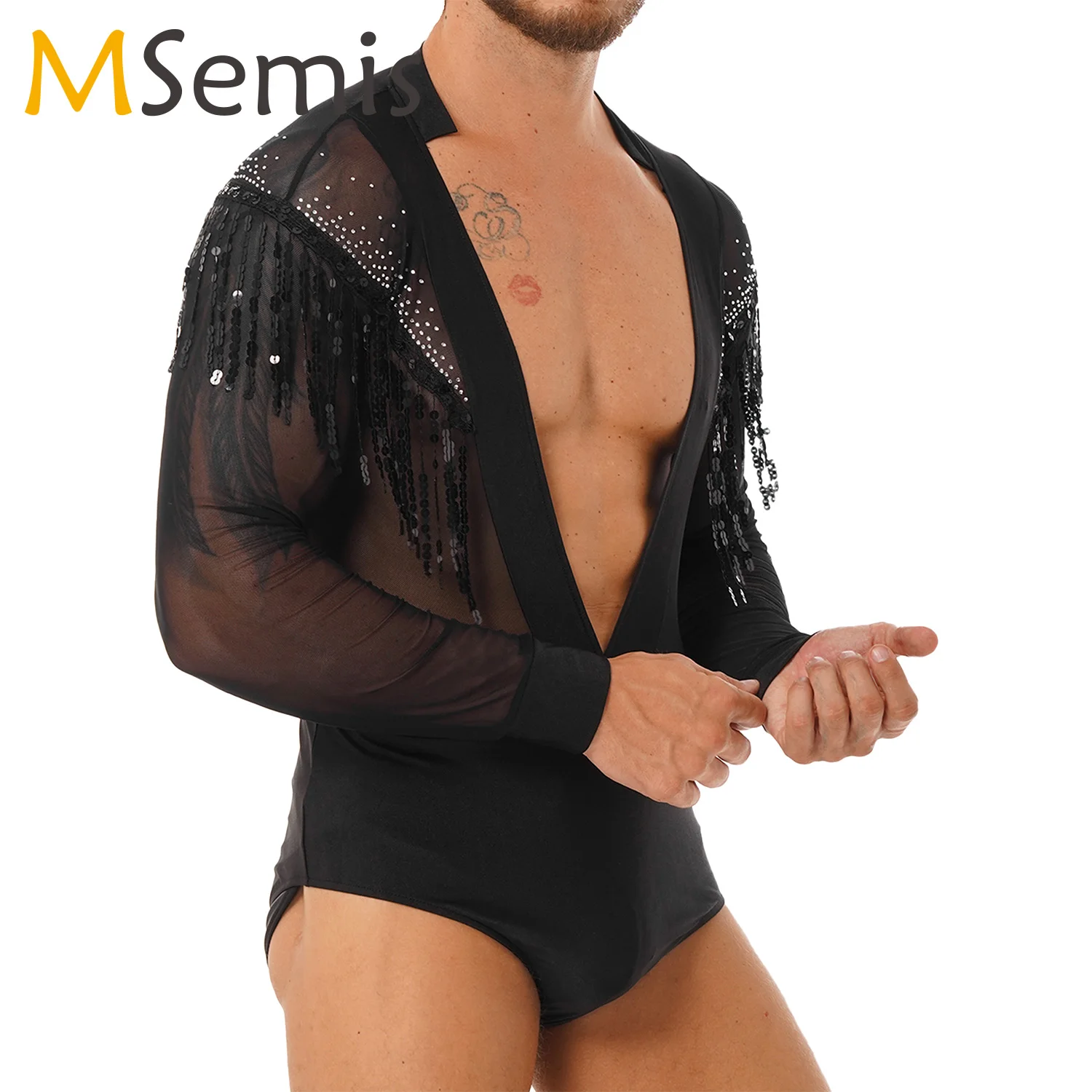 Mens Sequin Tassel Latin Leotard Ballroom Costume Latin Modern Dance
