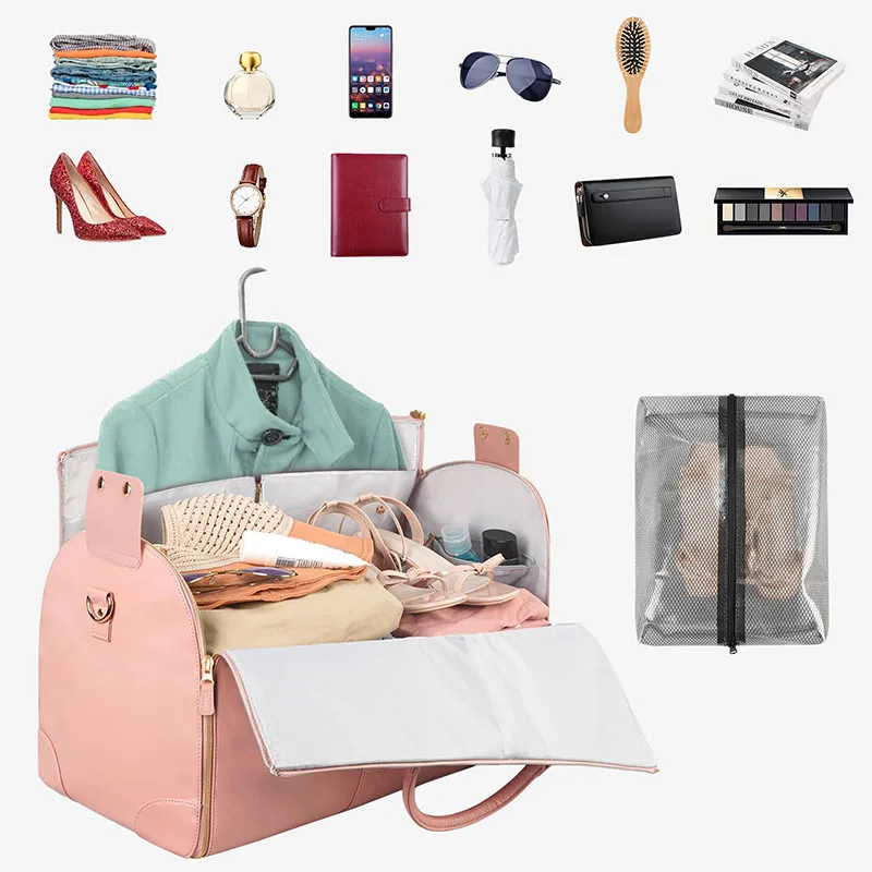 Carry on Garment Bag PU Leather Duffle Bag for Women Waterproof Garment Bags for Travel with Shoe Pouch 2 In 1 Hanging Suitcase