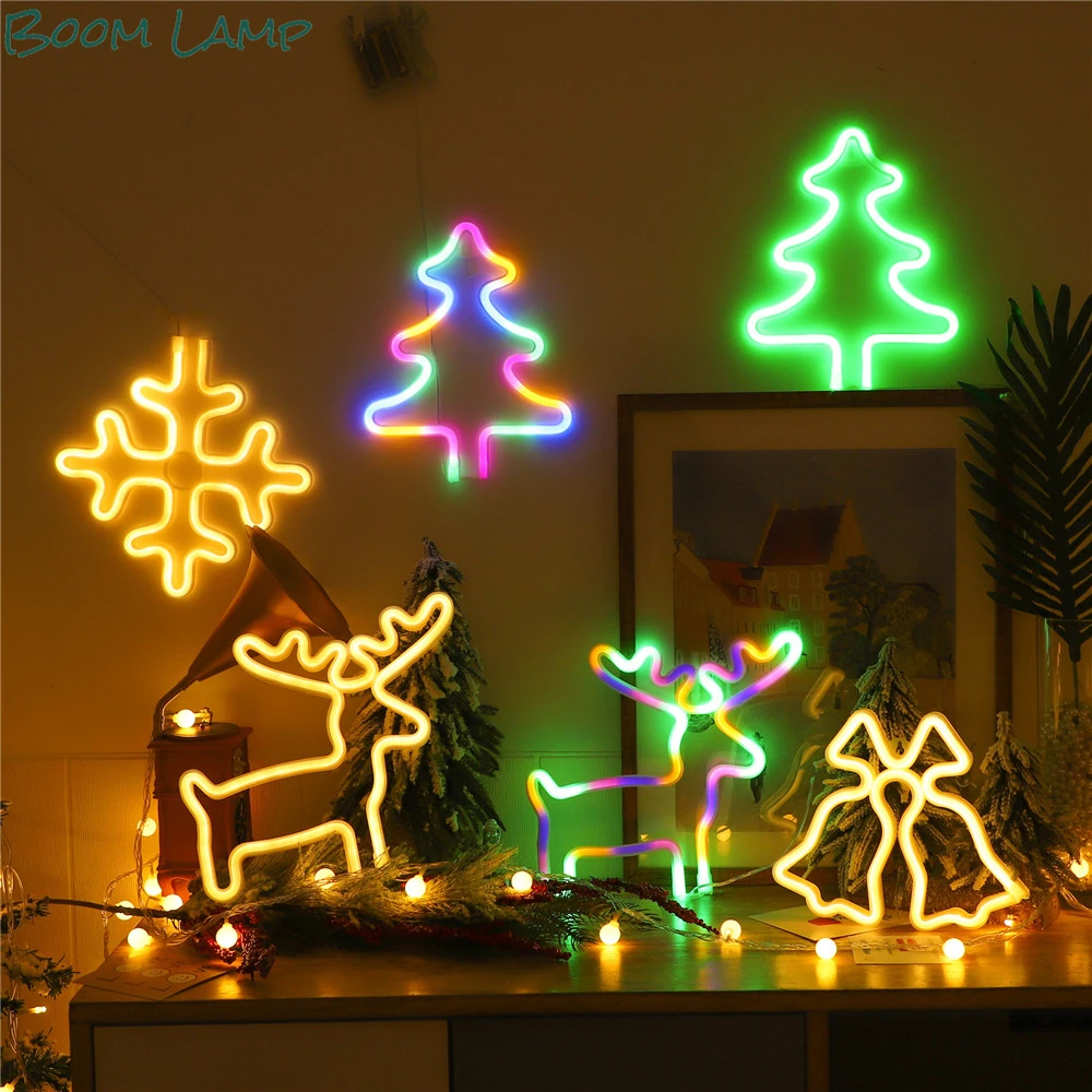 

Neon Christmas LED Night Light Hanging Tree Decoration Lights Bells Elk Snowflake Sign Night Lamp Home Decor Xmas Children Gift