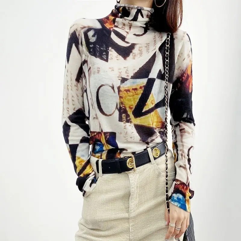 High Collared Spring Summer Bright Line Printing Cotton Top High Elasticity Soft Women T-Shirts Slim Versatile Trend Long Sleeve
