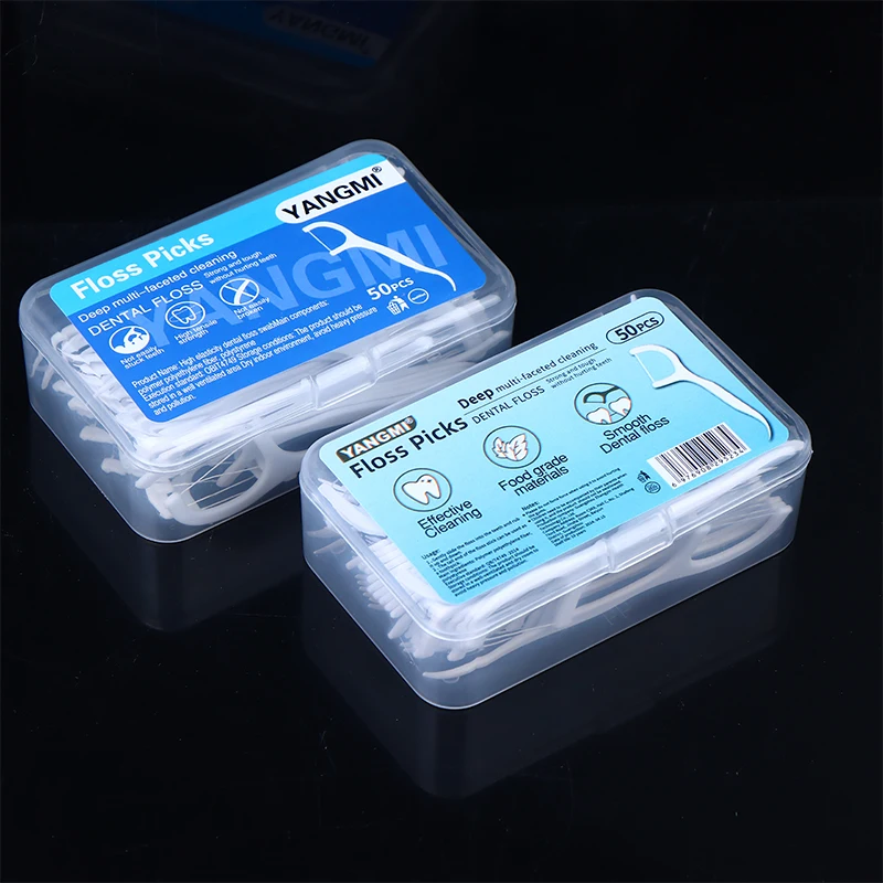 50pcs Portable Disposable Dental Floss Plastic Toothpick High-tension Dental Floss Stick Dental Box Oral Care