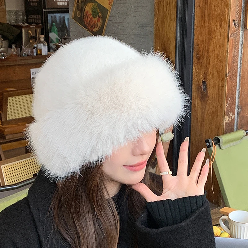Women bucket hat Fluffy faux fur bucket hat for women warm winter hat
