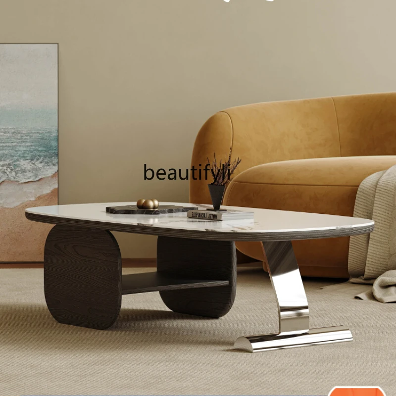 

Итальянский минималистичный журнальный столик для гостиной, квадратный деревянный зернистый современный журнальный столик с каменной тарелкой, чайный столик