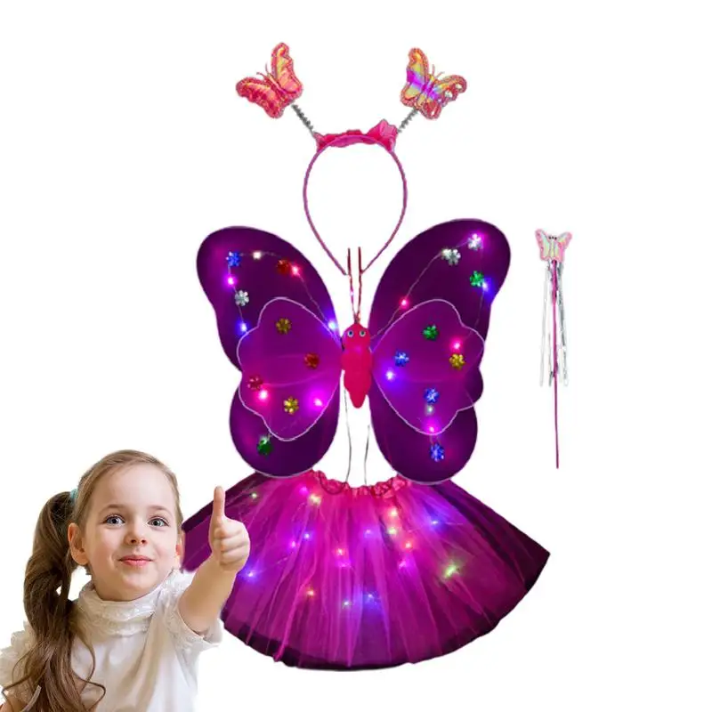 

Butterfly Wings For Girls 4PCS Butterfly Fairy Costume Glowing Wings Tutu Skirt Wand Headband Fancy Dress Set For Girls 3-8