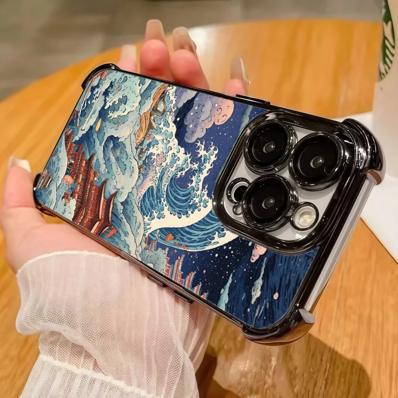 Stylish Plating Japanese Waves Shockproof Clear Phone Case