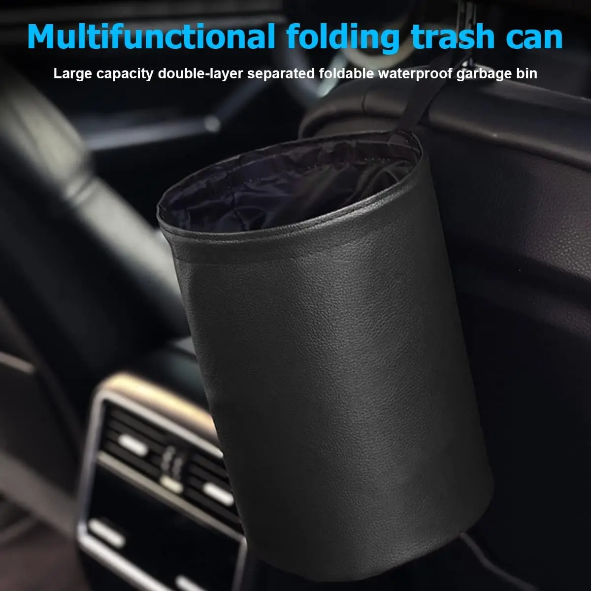 Collapsible Car Rubbish Bin Black Leather Portable Multifunctional Hanging Waterproof Storage Bag