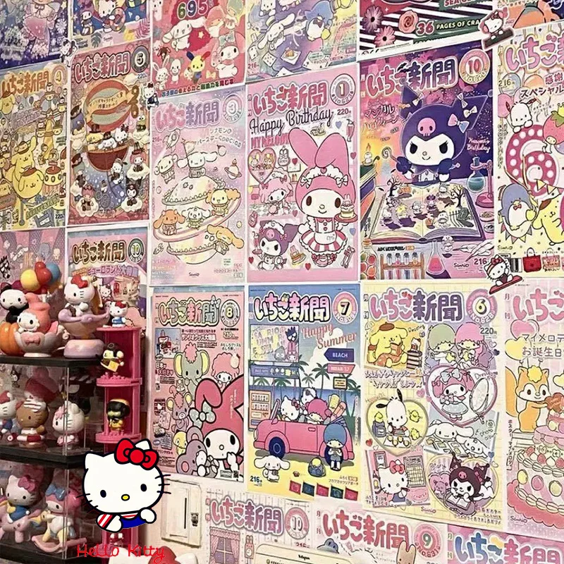

Наклейки для украшения комнаты Sanrio Y2K, коллекция ежемесячных постеров «Hello Kitty Melody Cinnamoroll», творческие обои для дома