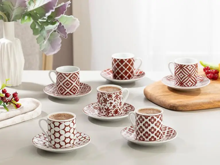 

LaModaHome Espresso Coffee Cups with Saucers Mira Porcelain Coffee Cup 80 ml Burgundy Turkish Arabic Greek Coffee Cup for Women