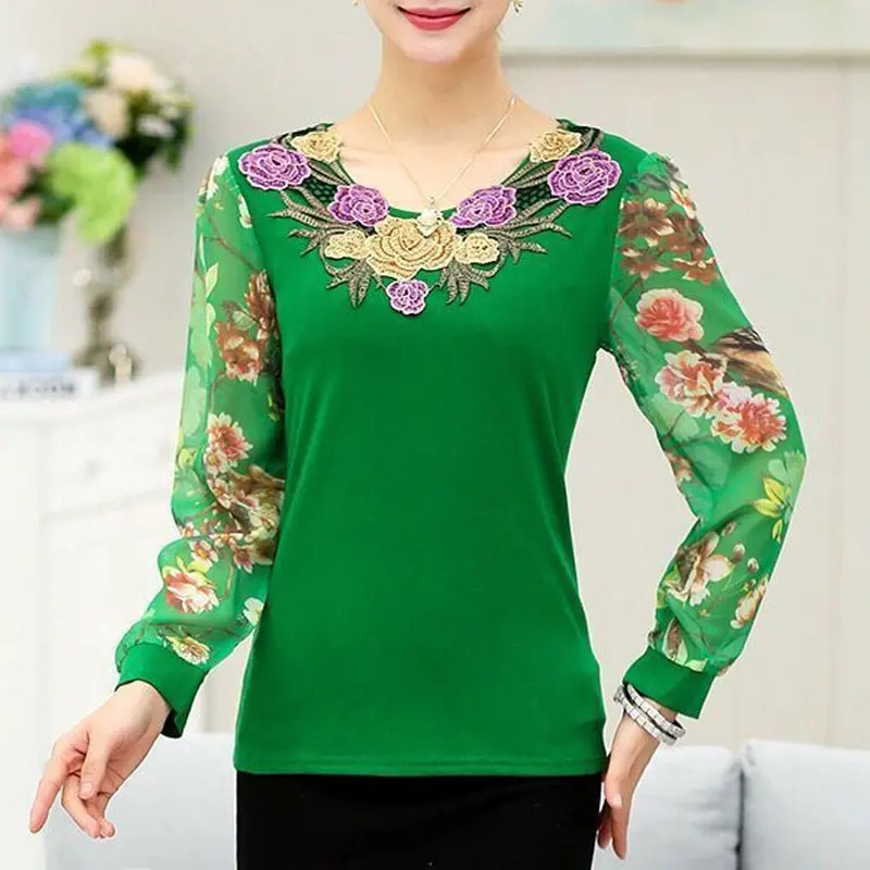 Vintage Floral Embroidered Long Sleeve Blouse - Women's Casual Spring/Autumn O-Neck Shirt