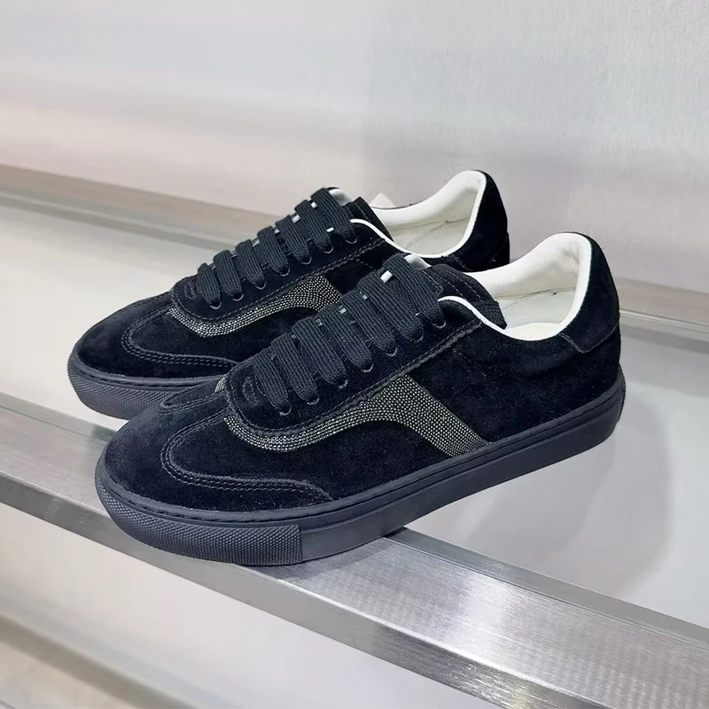 Кросівки для відпочинку Жіночі замшеві нитки з бісером Круглий носок Взуття на плоскій підошві Повсякденне взуття на товстій підошві Весна-осінь Комфортне тенісне взуття