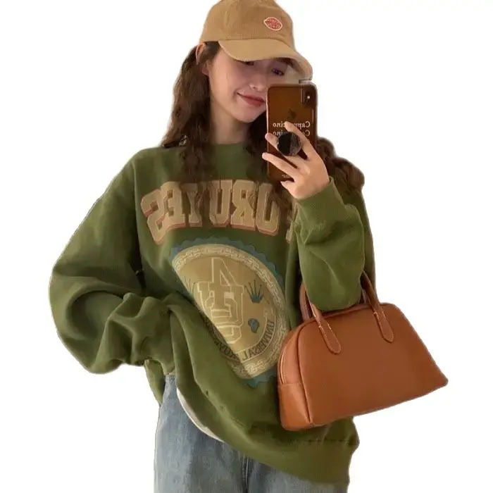 Green Printed Hoodies Women American Style Vintage Ulzzang Streetwear Sweatshirts Thicken ThickeningLeisure Round Neck Chic